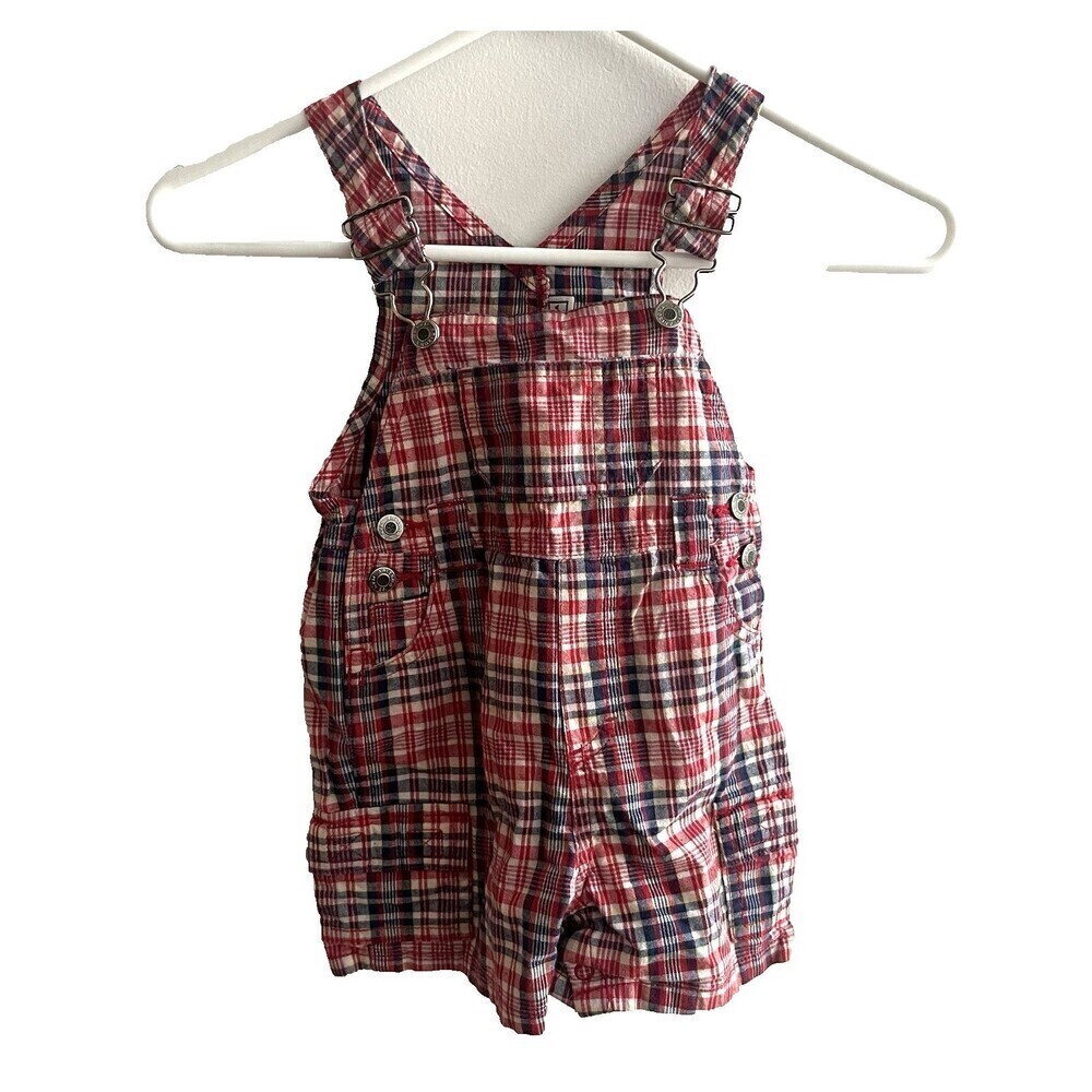 VTG Arizona Jeans Plaid Red Black White Short Bib Overalls 18 Months Toddler Boy